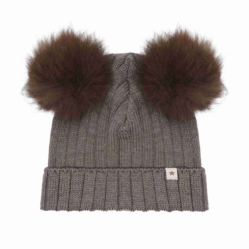Huttelihut Wool Knit Hat with Alpaca Pompoms in Brown Melange - detail view 1