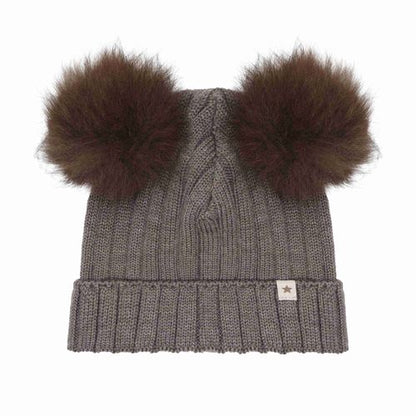 Huttelihut Wool Knit Hat with Alpaca Pompoms in Brown Melange - detail view 1