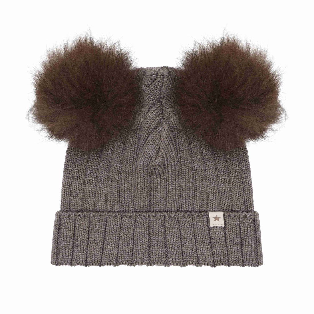 Huttelihut Wool Knit Hat with Alpaca Pompoms in Brown Melange - product view
