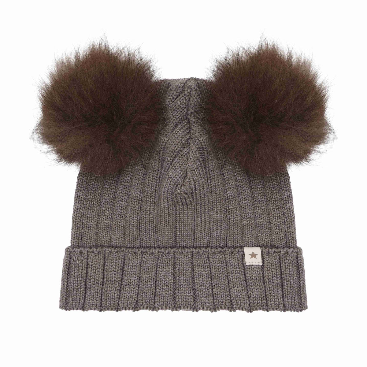 Huttelihut Wool Knit Hat with Alpaca Pompoms in Brown Melange - product view