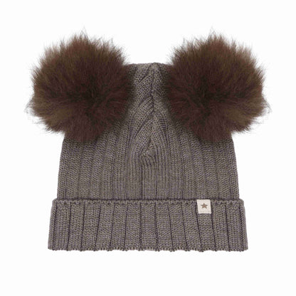 Huttelihut Wool Knit Hat with Alpaca Pompoms in Brown Melange - product view