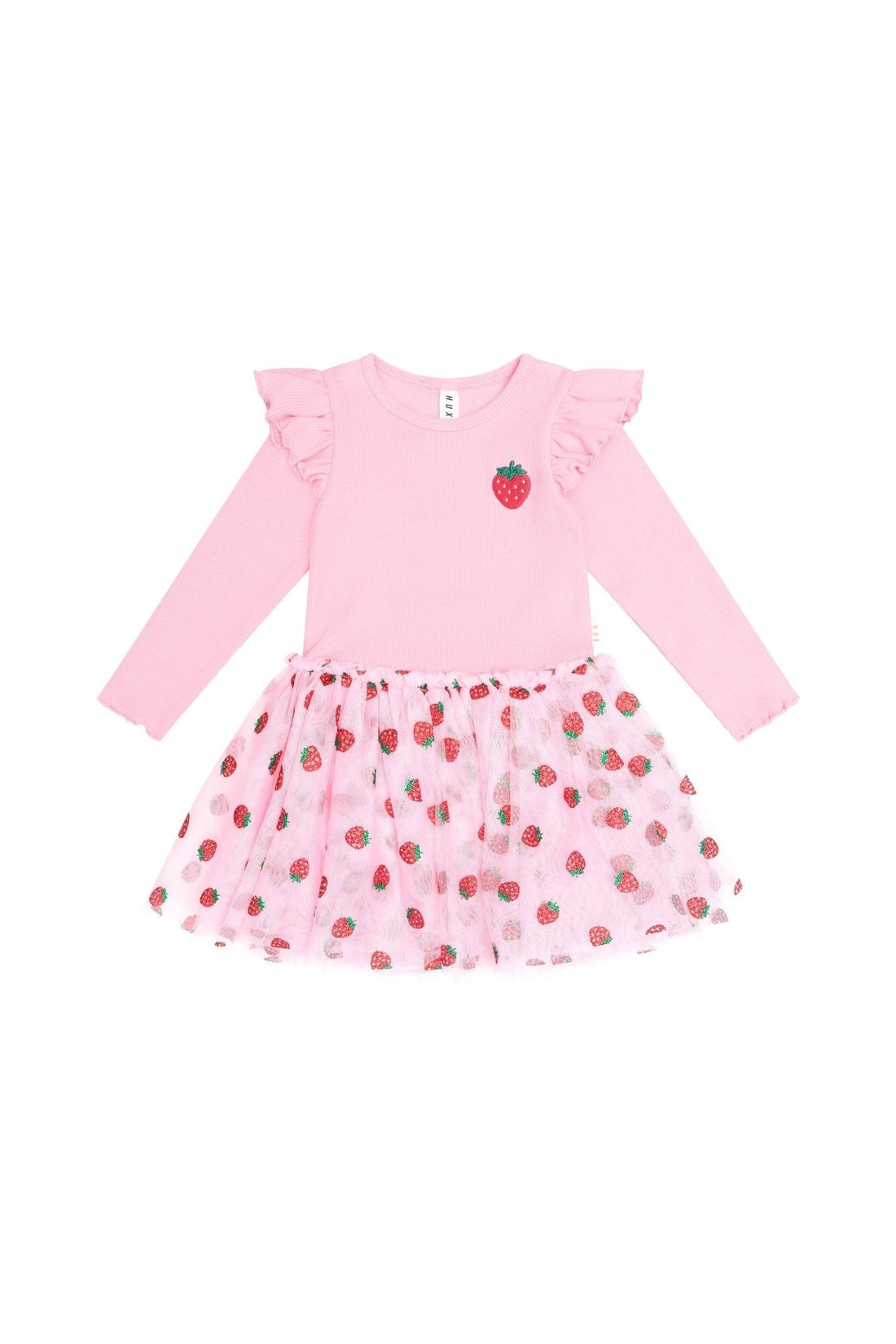 Huxbaby Strawberry Emb Long Sleeve Tulle Dress - Strawberry Crème