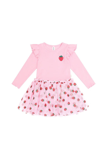 Huxbaby Strawberry Emb Long Sleeve Tulle Dress - Strawberry Crème