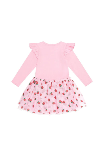 Huxbaby Strawberry Emb Long Sleeve Tulle Dress - Strawberry Crème
