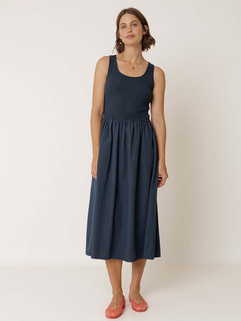 Indi &amp; Cold Navy Poplin Midi Dress – Ribbed Bodice Cotton INDI&amp;COLD