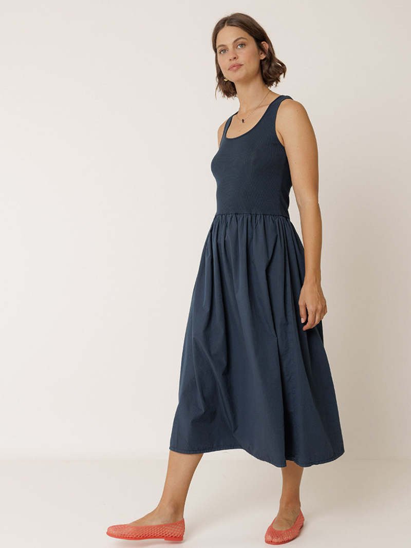Indi &amp; Cold Navy Poplin Midi Dress – Ribbed Bodice Cotton INDI&amp;COLD