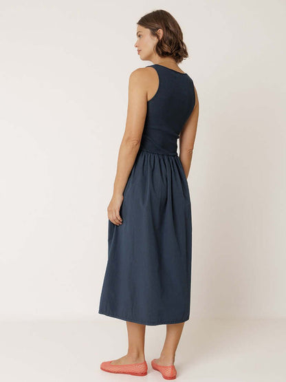 Indi &amp; Cold Navy Poplin Midi Dress – Ribbed Bodice Cotton INDI&amp;COLD