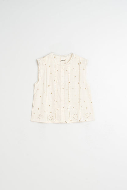 Indi &amp; Cold Stamp - Print Sleeveless Shirt – Ecru INDI&amp;COLD