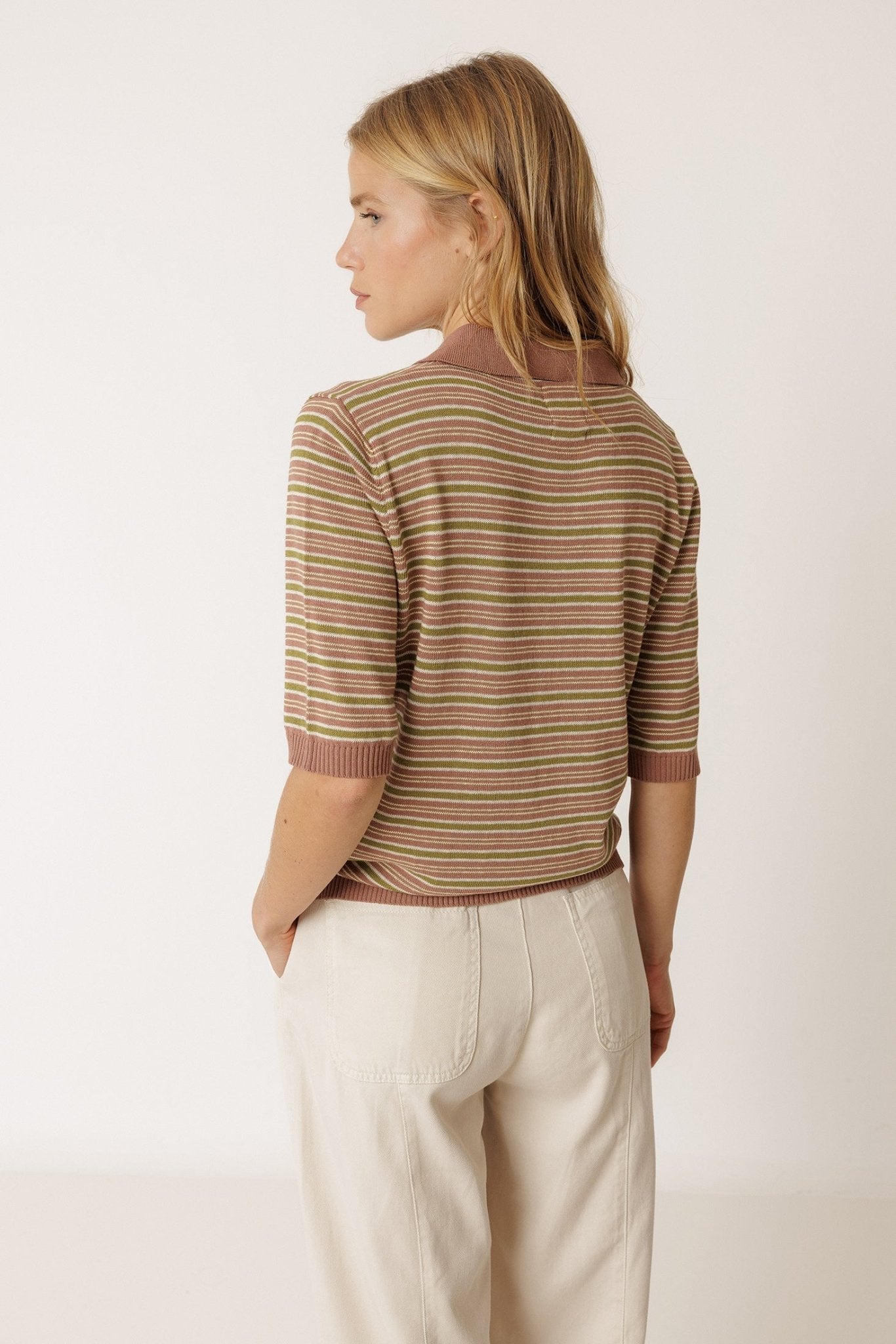 Indi &amp; Cold Stripe Knit Polo – Lychee INDI&amp;COLD