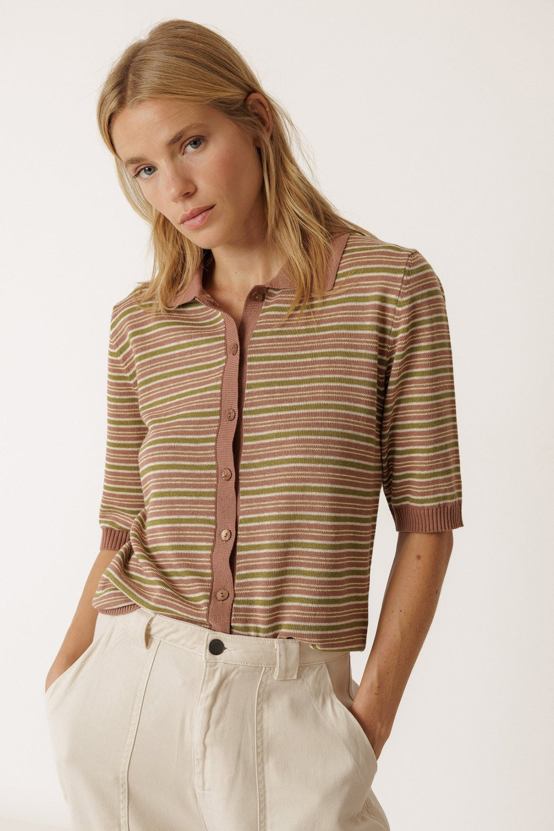 Indi &amp; Cold Stripe Knit Polo – Lychee INDI&amp;COLD
