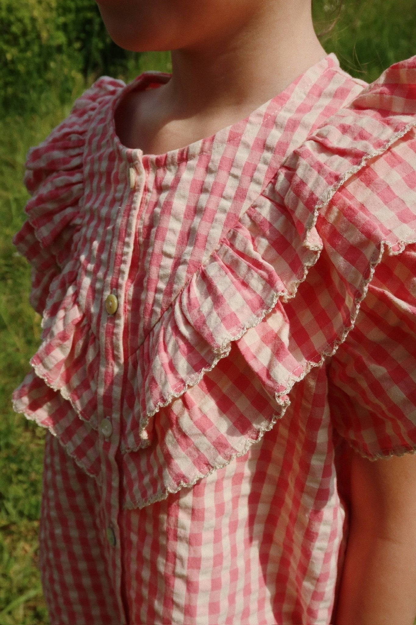 Konges Sløjd KIM FRILL SS SHIRT GOTS - flamingo plume check Konges Sløjd