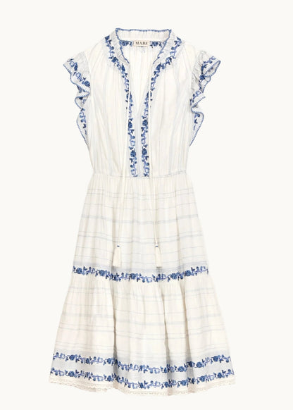 M.A.B.E Halle Frill Dress - Ecru/Blue M.A.B.E Apparel