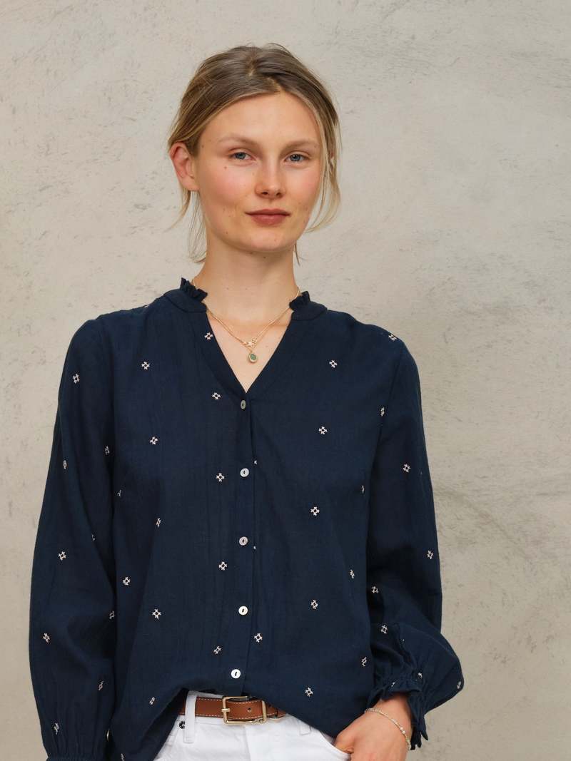 M.A.B.E Lucca Top Navy | Embroidered Cotton Button Blouse M.A.B.E Apparel