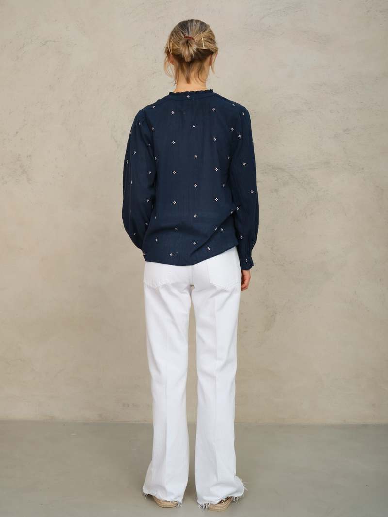M.A.B.E Lucca Top Navy | Embroidered Cotton Button Blouse M.A.B.E Apparel