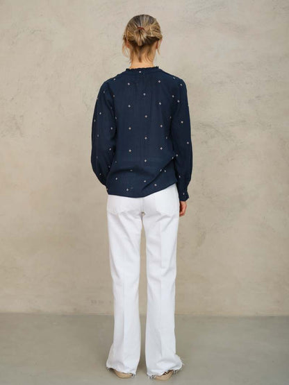 M.A.B.E Lucca Top Navy | Embroidered Cotton Button Blouse M.A.B.E Apparel