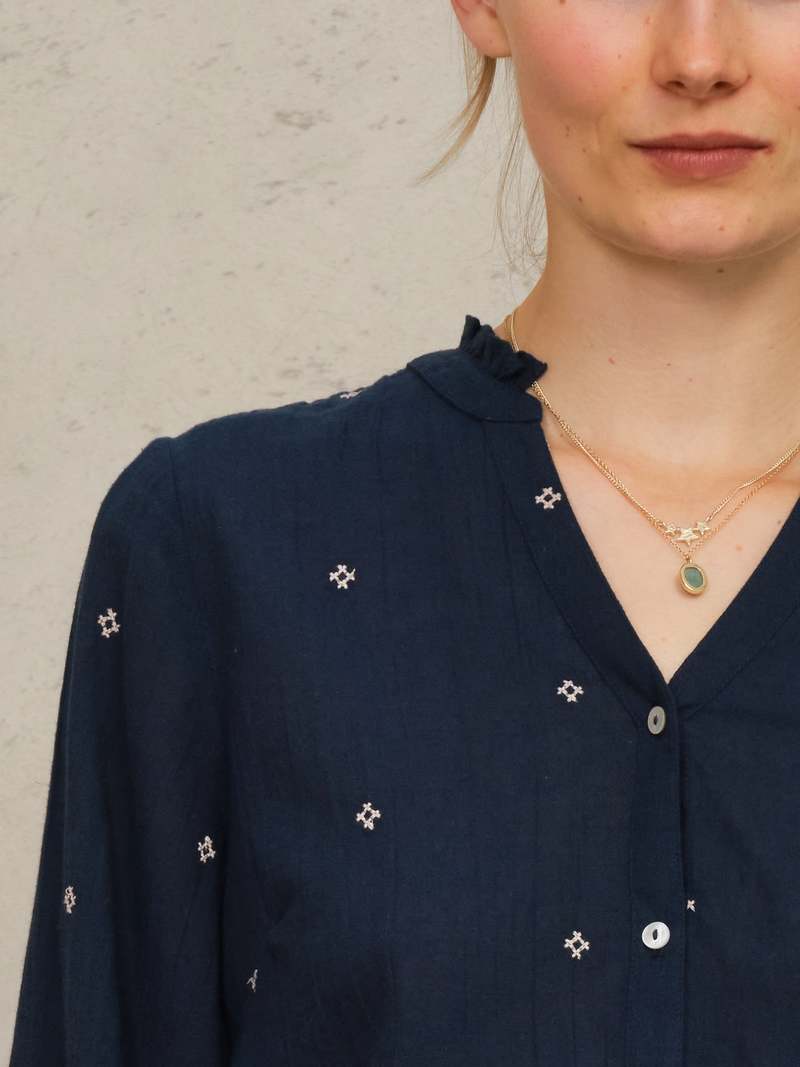 M.A.B.E Lucca Top Navy | Embroidered Cotton Button Blouse M.A.B.E Apparel
