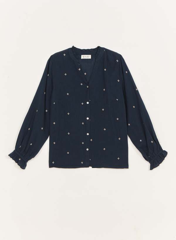 M.A.B.E Lucca Top Navy | Embroidered Cotton Button Blouse M.A.B.E Apparel