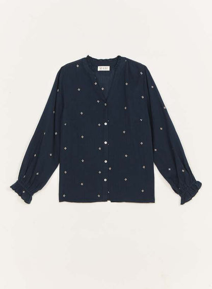 M.A.B.E Lucca Top Navy | Embroidered Cotton Button Blouse M.A.B.E Apparel