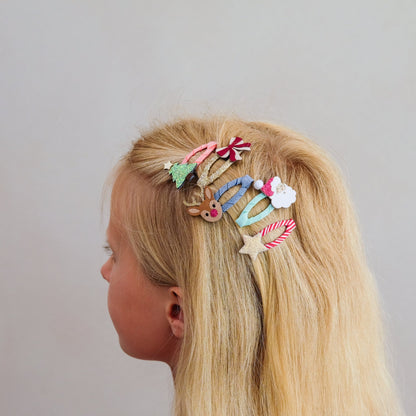 Christmas mini hair clips styled in a child&
