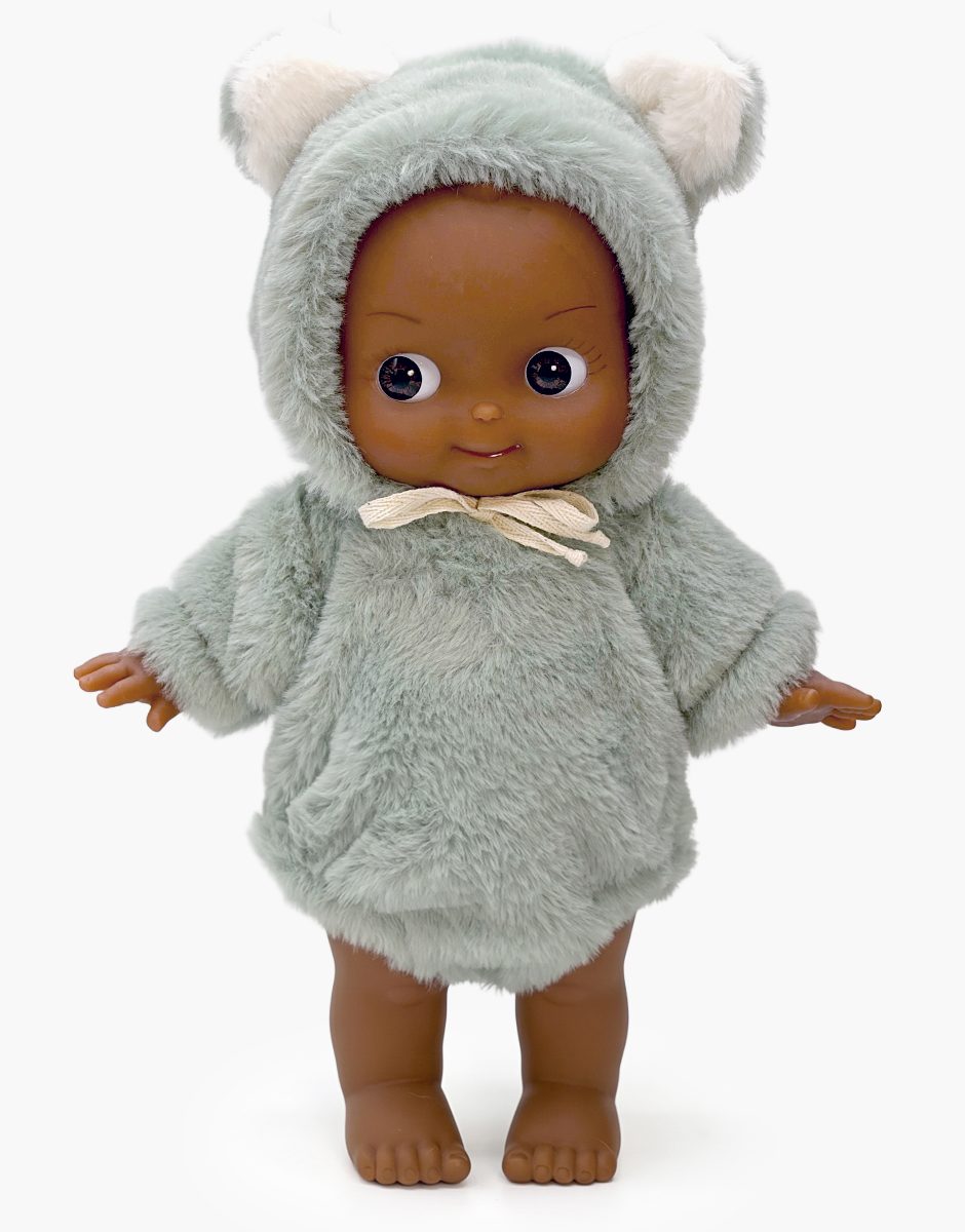 Minikane Arsène 27 cm Fantasia doll in a grey green bear outfit