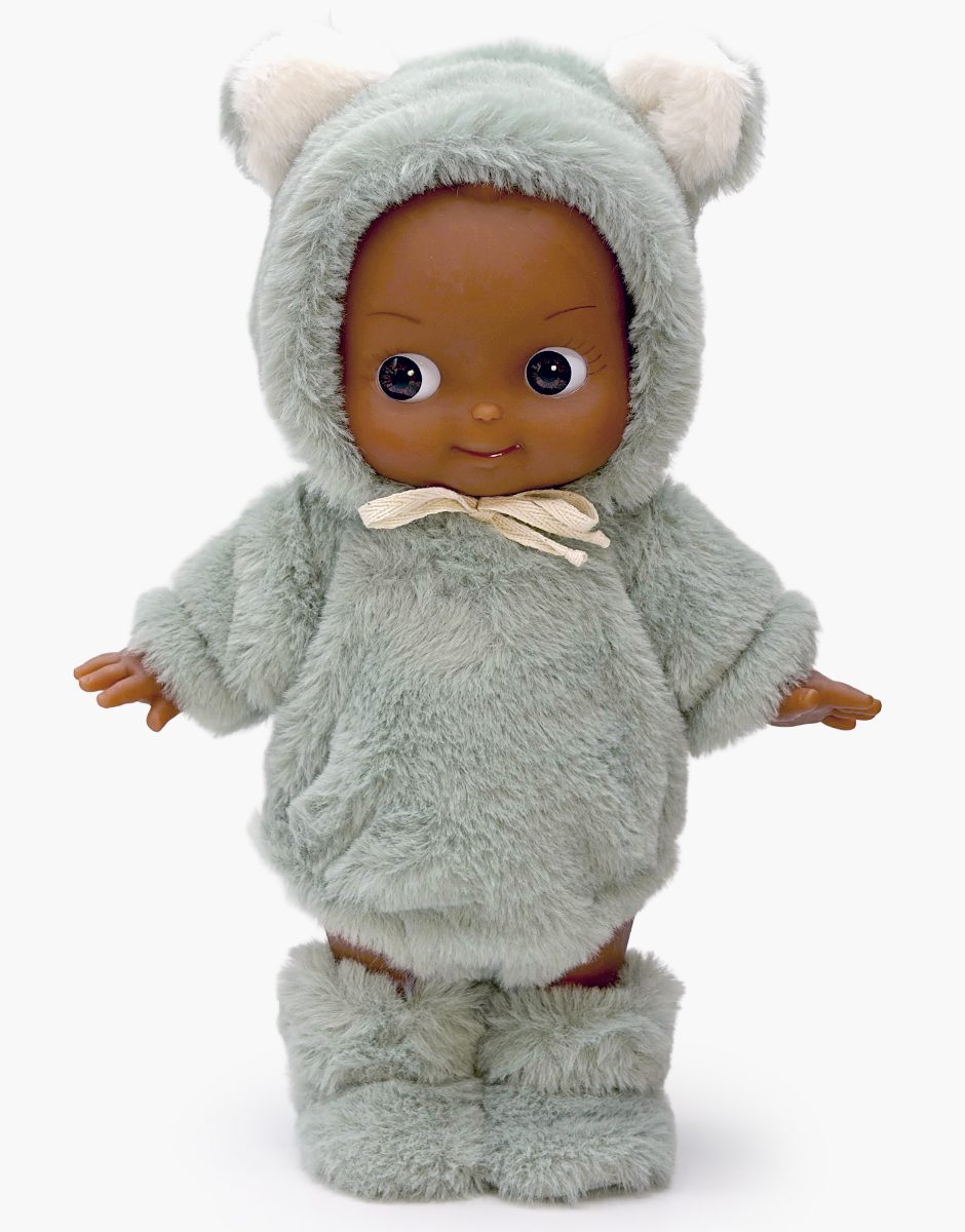 Minikane Arsène 27 cm Fantasia doll in a grey green bear outfit; styled with footwear sold separately
