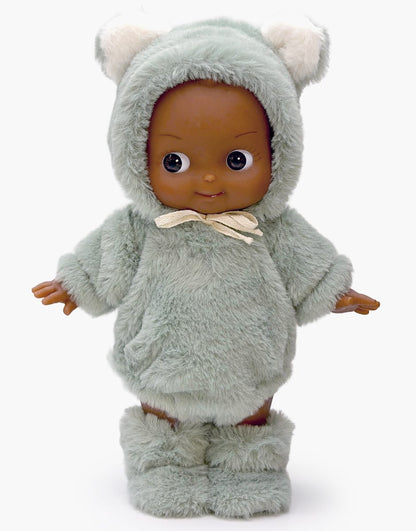 Minikane Arsène 27 cm Fantasia doll in a grey green bear outfit; styled with footwear sold separately