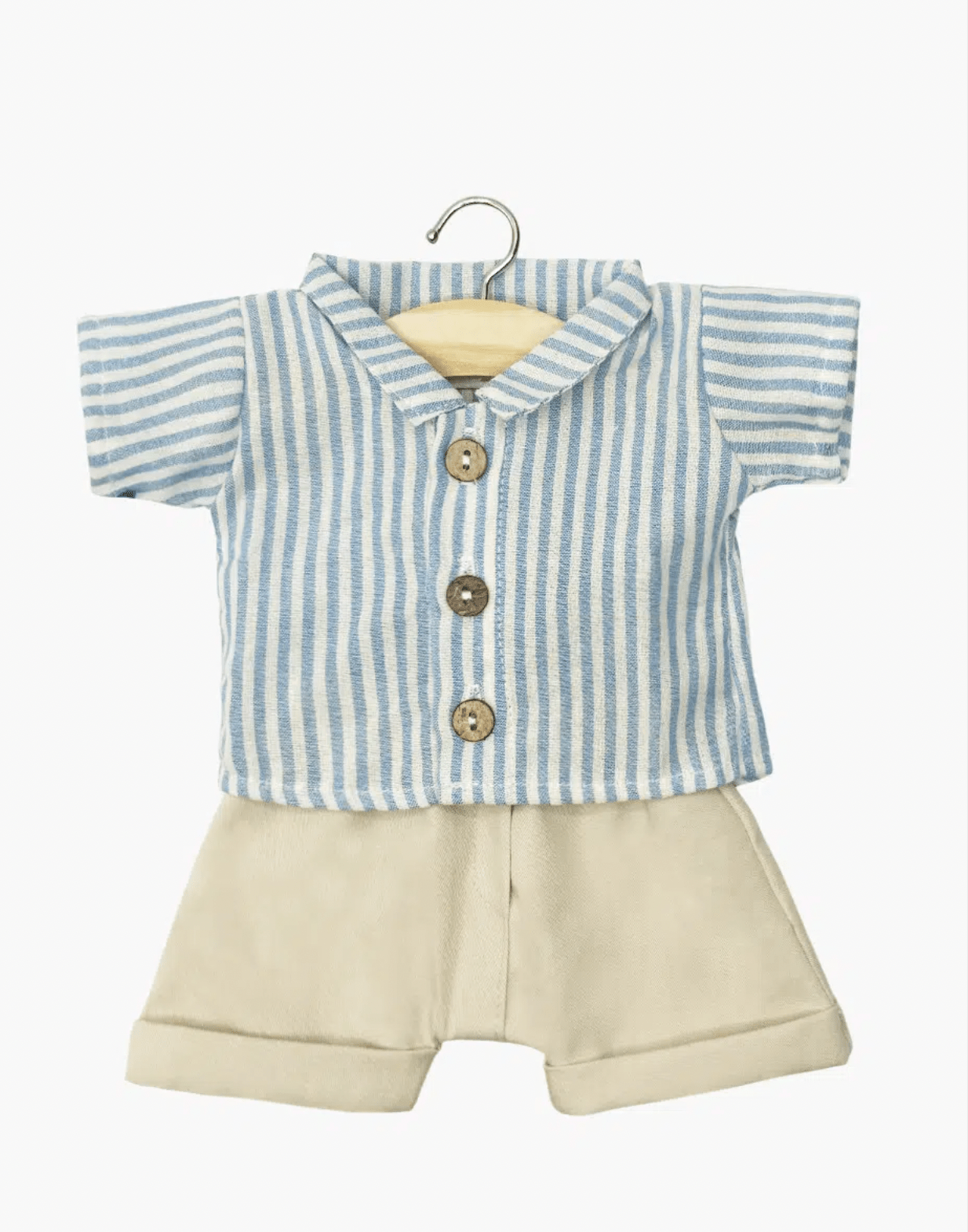 Minikane Blue striped leopold shirt and beige suspender pants set Minikane