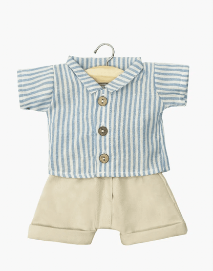 Minikane Blue striped leopold shirt and beige suspender pants set Minikane