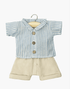 Minikane Blue striped leopold shirt and beige suspender pants set Minikane