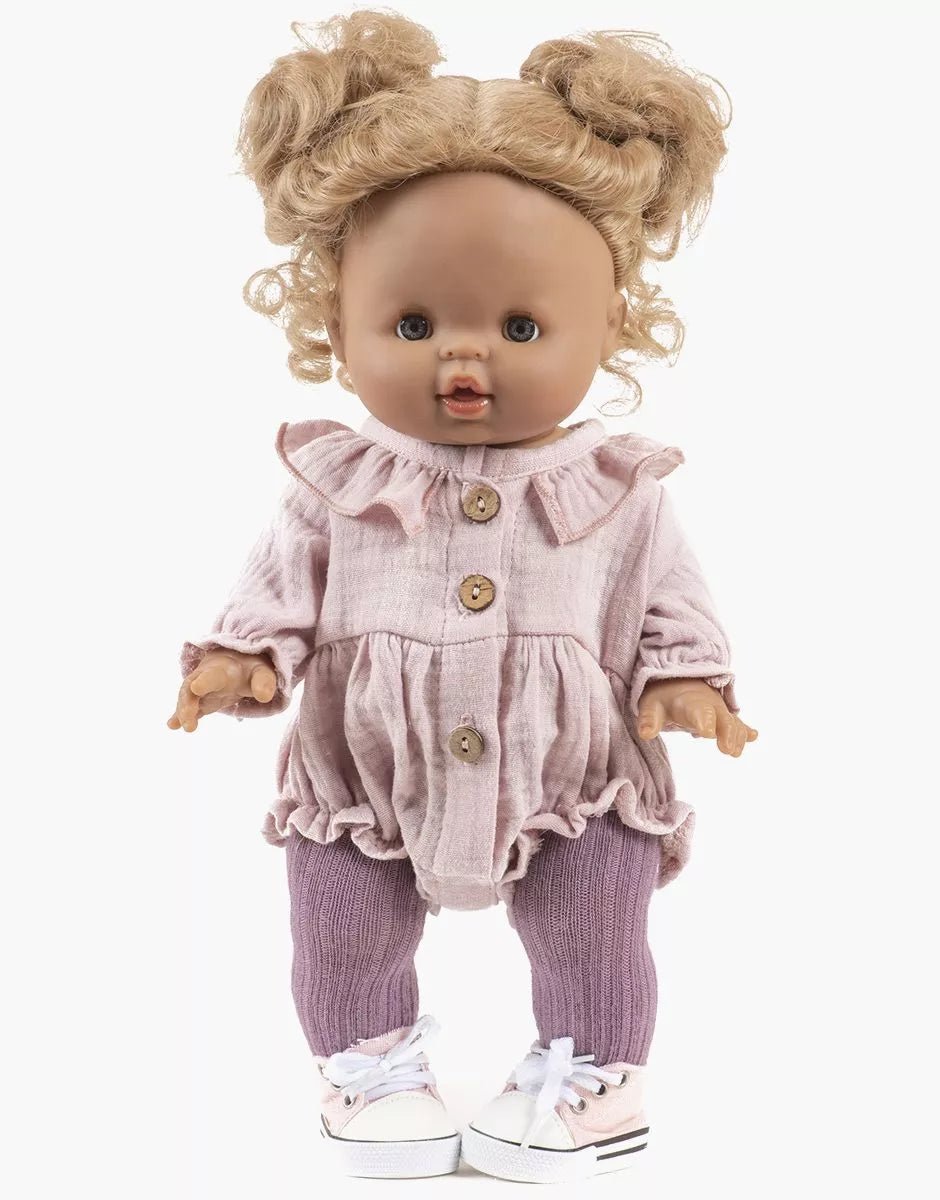 Minikane Léonore Long Sleeve Romper – Orchid Pink Cotton Gauze | 34 &amp; 37cm Doll Outfit Minikane