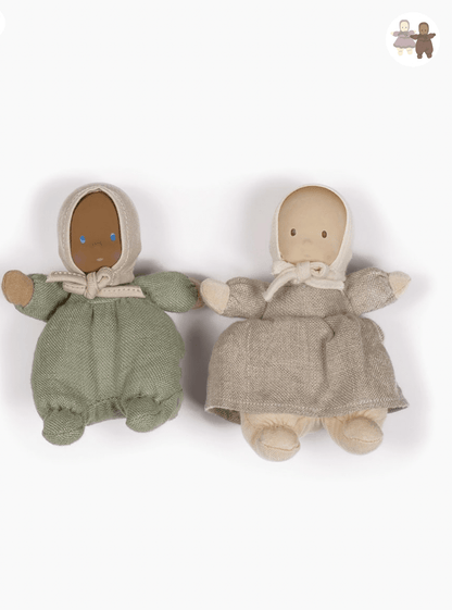 Minikane Les Loupiots – Duo of girl in natural linen and boy in sage green Minikane