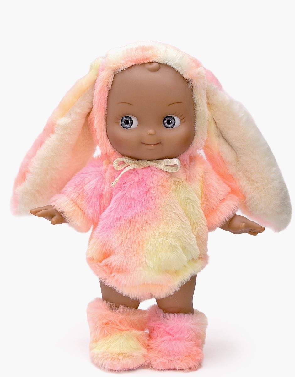 Minikane Maïa 27 cm Fantasia doll in a pink rainbow bunny outfit; styled with footwear sold separately