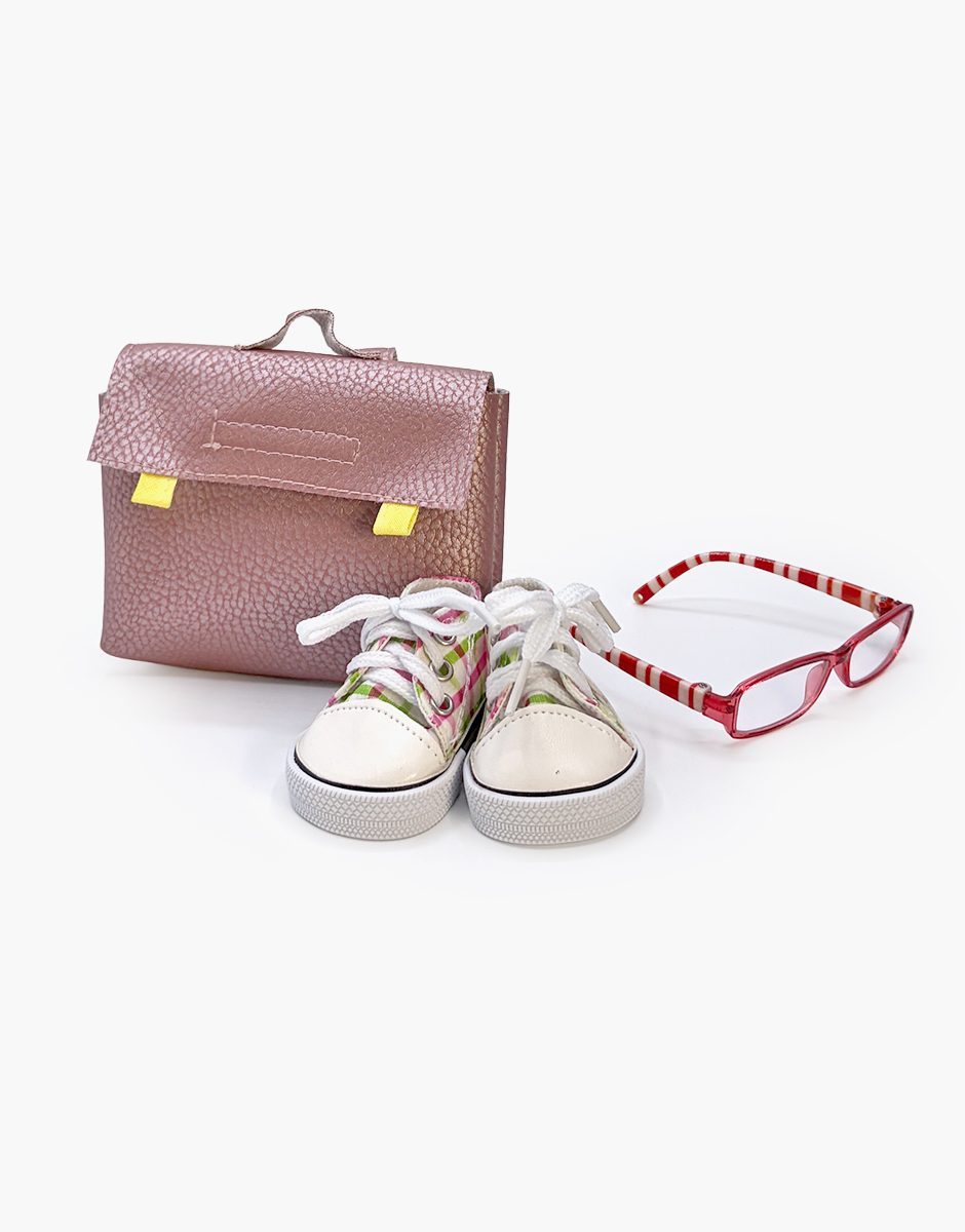 Minikane Mini Panchas school accessory set with pink faux leather satchel