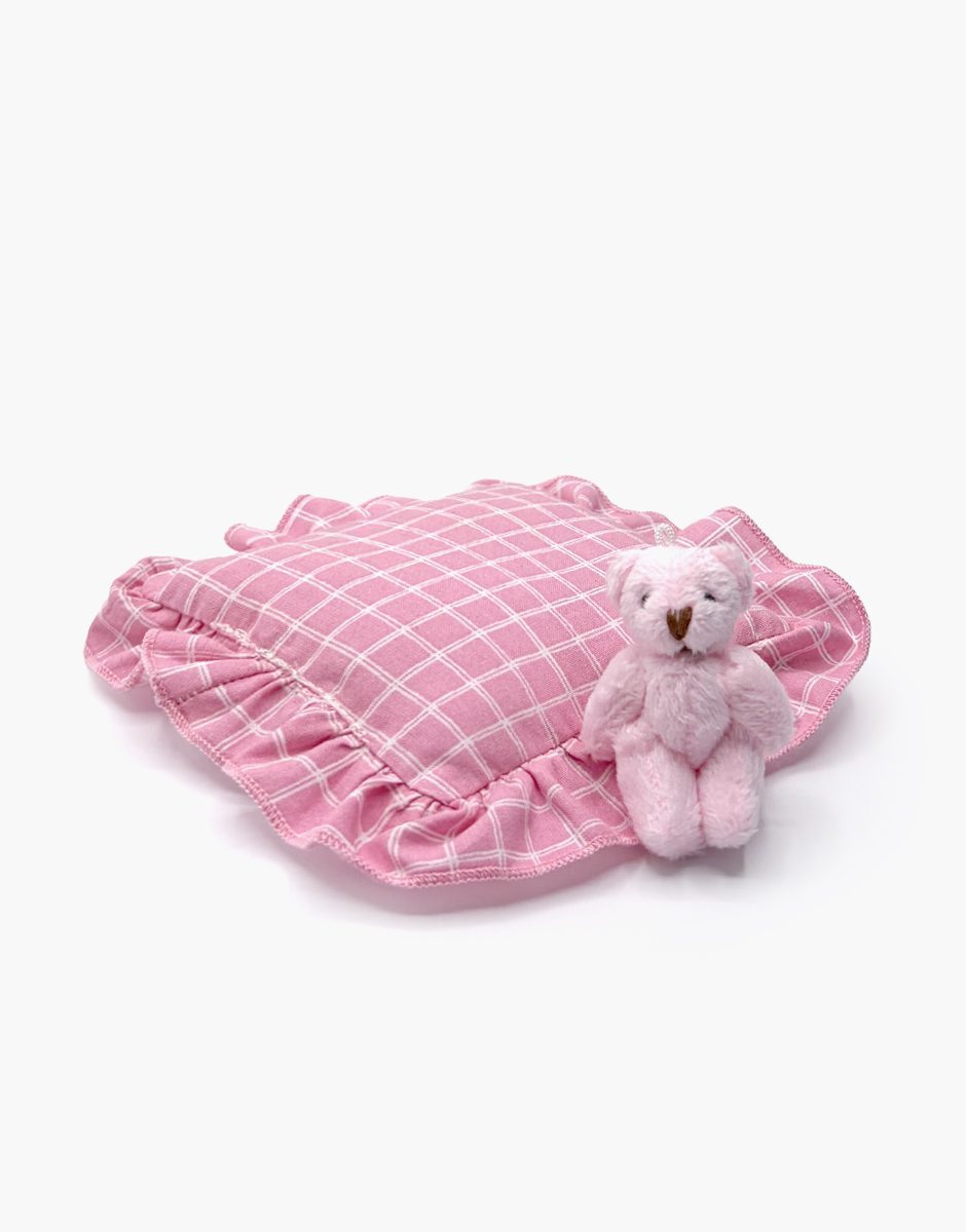 Minikane Mini Panchas sleep accessory set with pink checkered ruffled pillow
