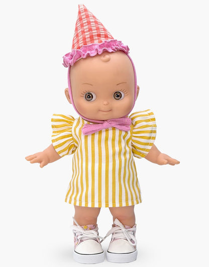 Minikane Ninon Mini Panchas birthday doll in yellow stripe dress