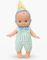 Minikane Zébulon Mini Panchas birthday doll in green gingham overalls