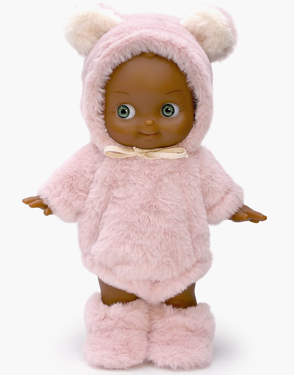 Minikane Prunelle 27 cm Fantasia doll in a pink bear outfit; styled with footwear sold separately
