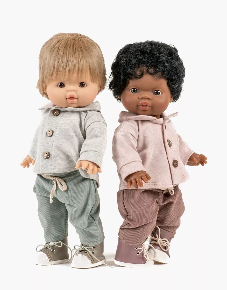 Minikane Samy Set – Ecru Jersey Top &amp; Sage Corduroy Trousers – 34 &amp; 37cm Doll Outfit Minikane