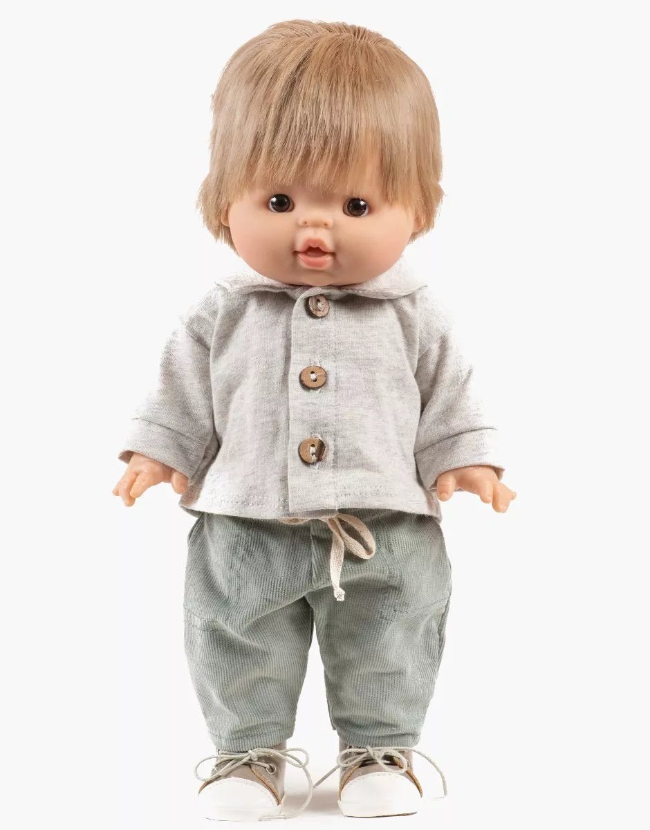 Minikane Samy Set – Ecru Jersey Top &amp; Sage Corduroy Trousers – 34 &amp; 37cm Doll Outfit Minikane