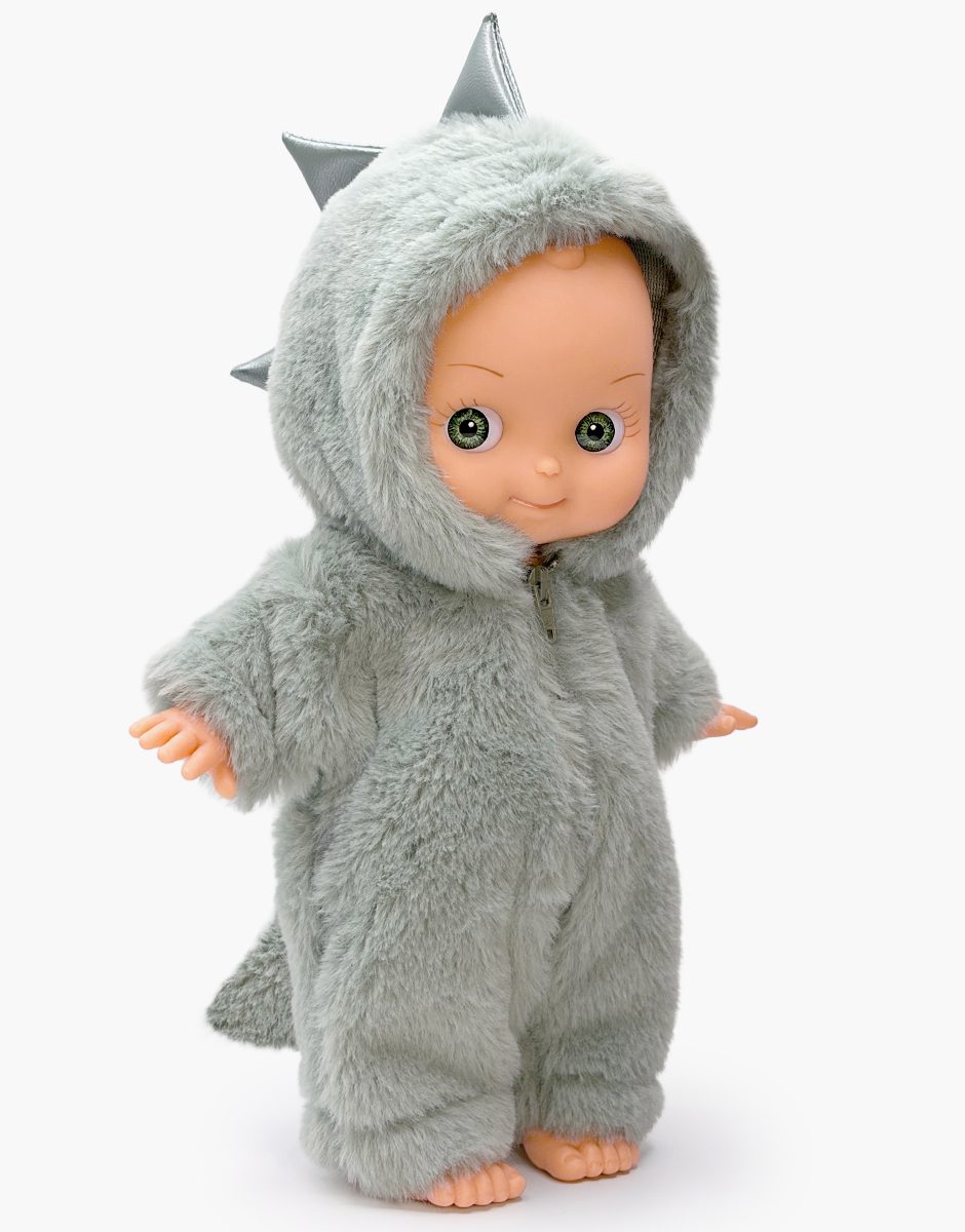 Minikane Zébulon 27 cm Fantasia doll in a grey green dinosaur outfit