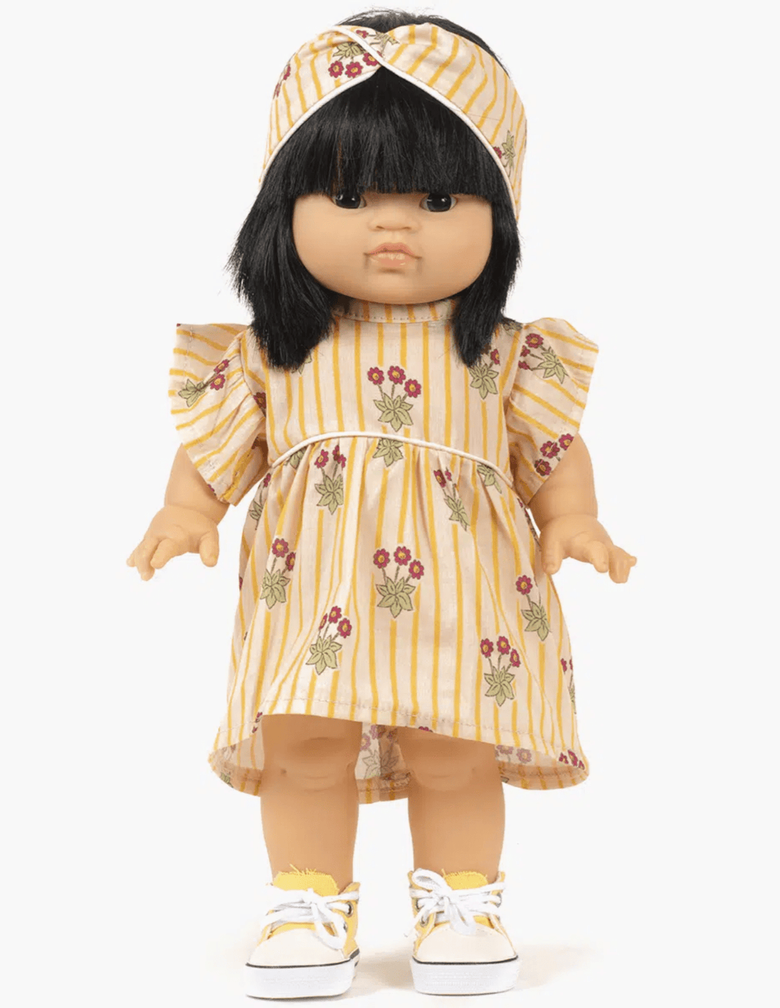 Minkane Daisy dress and its crossed headband in cotton Daisies with piping Minikane