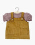 Minkane Nelly dress overalls in Havana milleraies and its dark orchid t-shirt Minikane