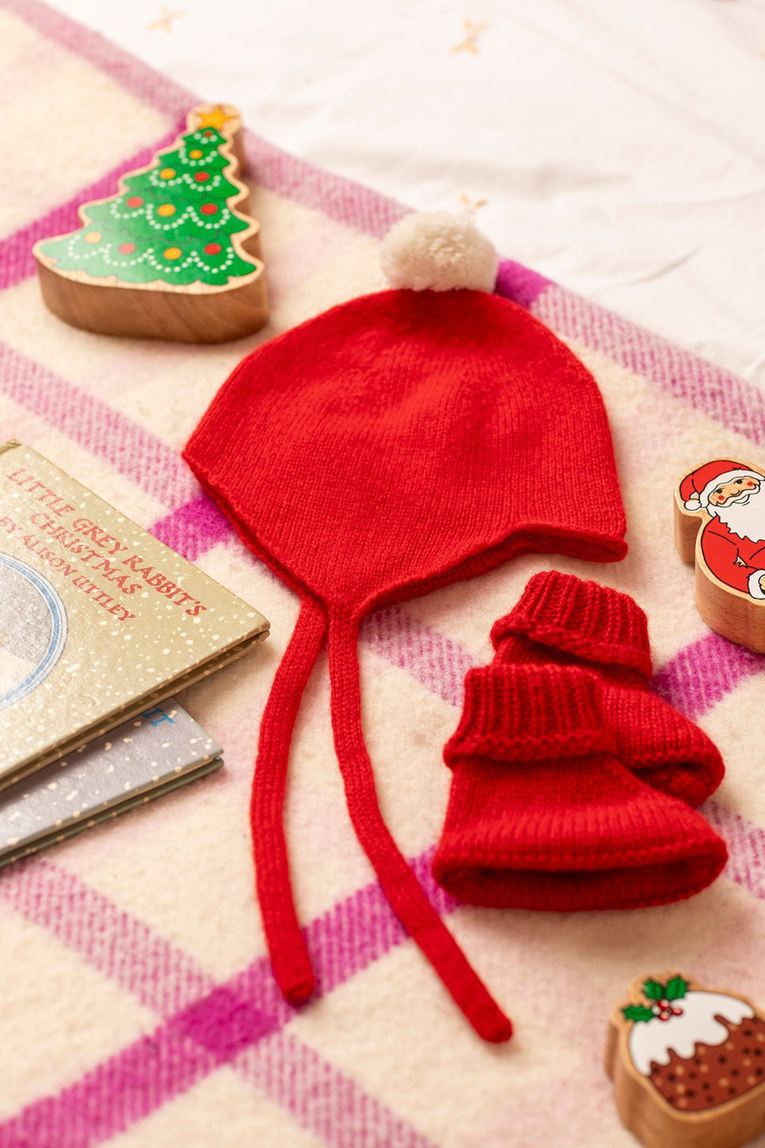 "My First Christmas" Cashmere Baby Bonnet, Festive Red with White Pom - Pom Rosie Sugden