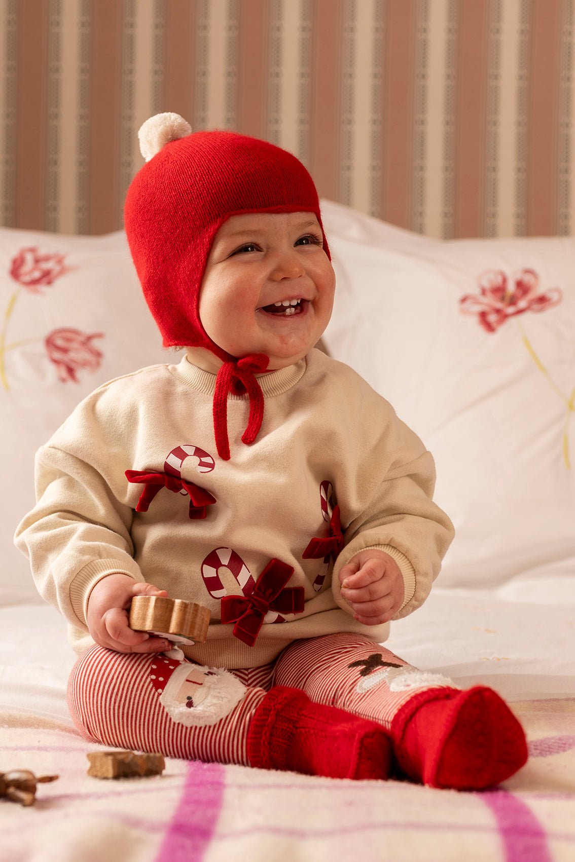 "My First Christmas" Cashmere Baby Bonnet, Festive Red with White Pom - Pom Rosie Sugden