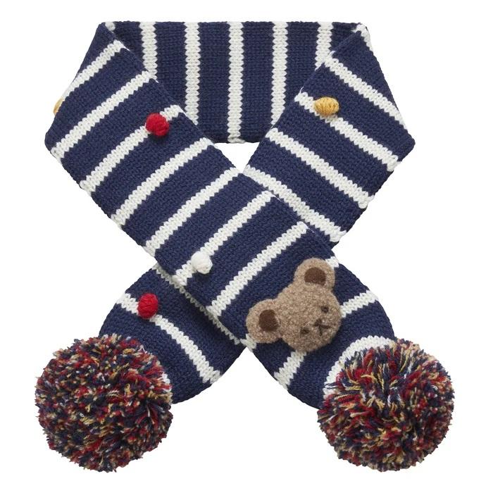 MIKI HOUSE Teddy Bear Knit Mittens with String-Navy