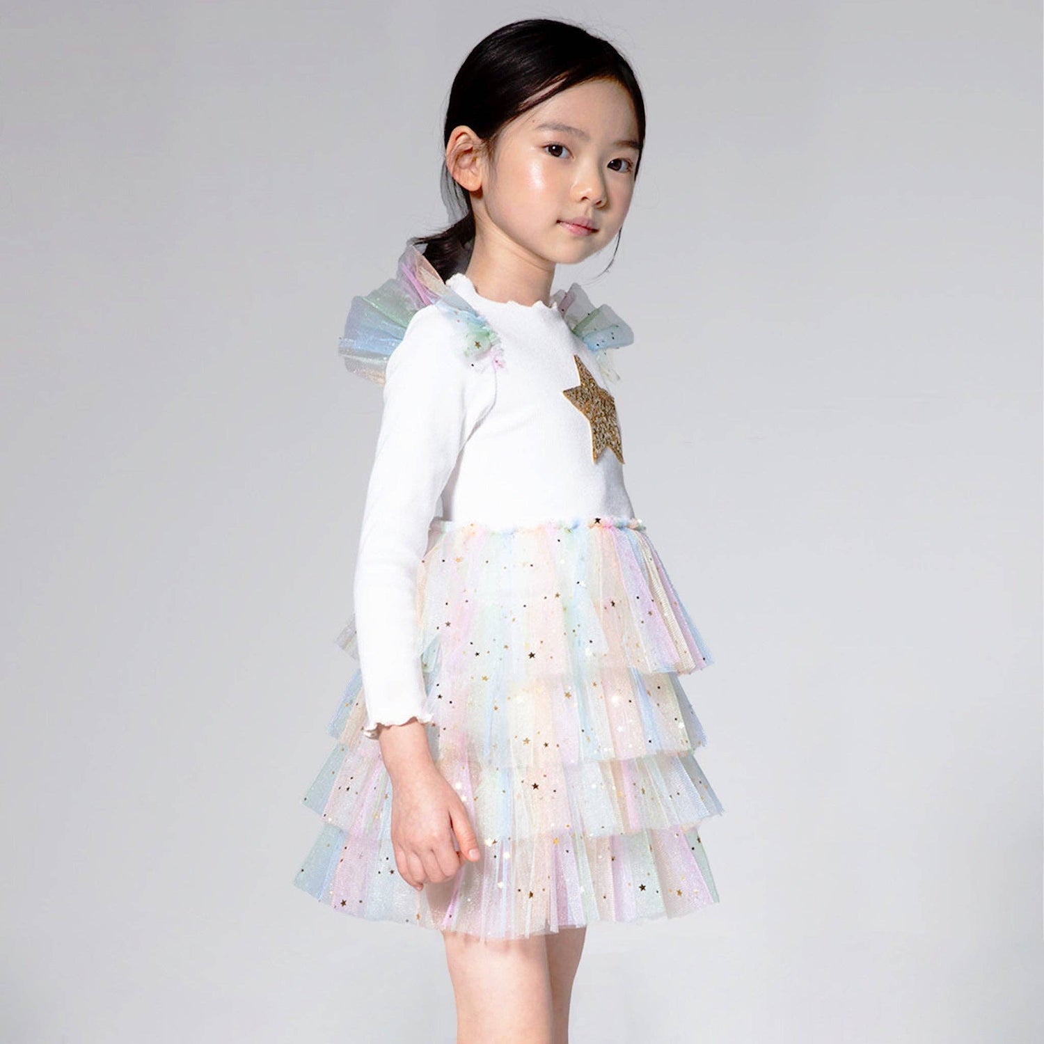 Petite Hailey - Frill Layered Tutu Dress - White Multi with Golden Stars Petite Hailey
