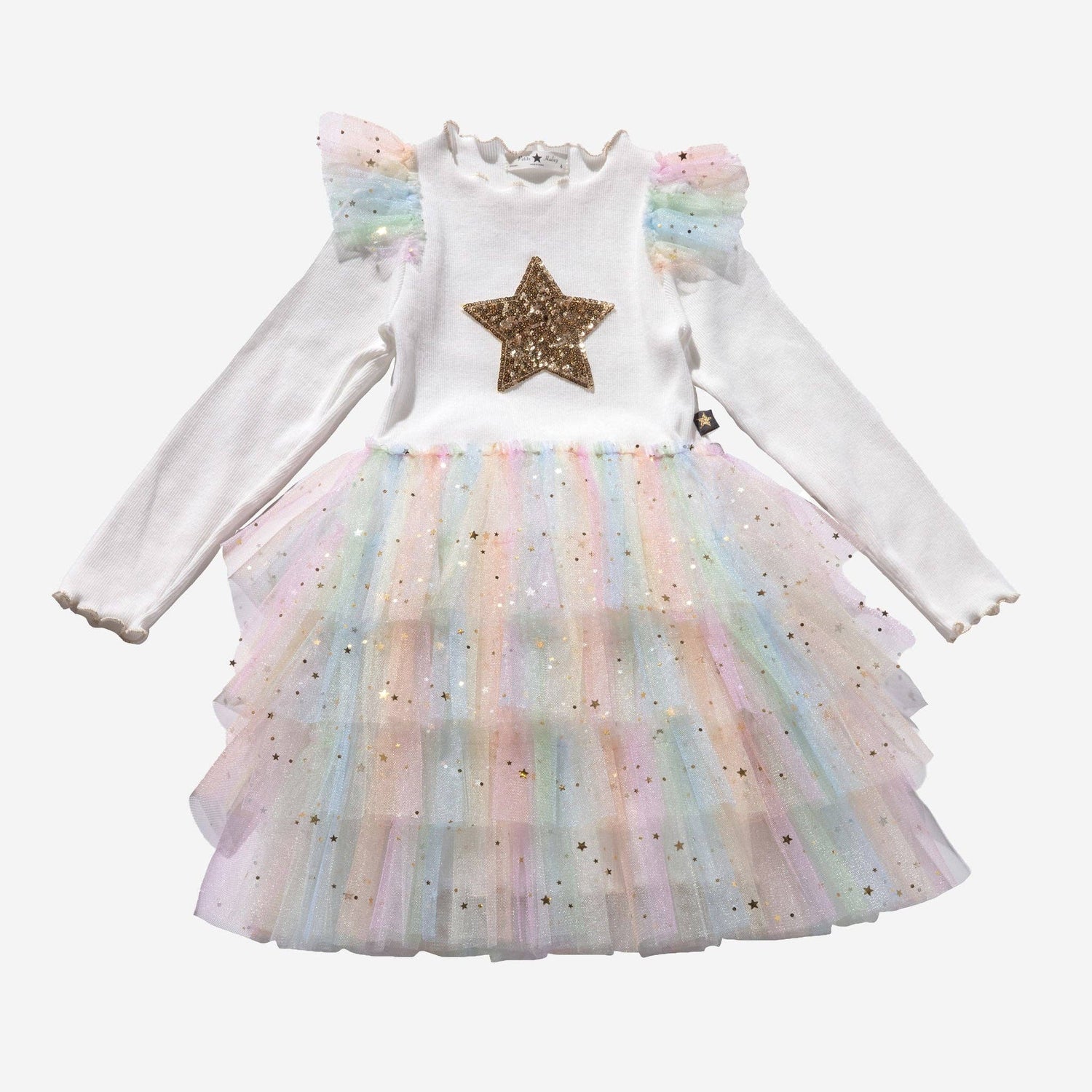 Petite Hailey - Frill Layered Tutu Dress - White Multi with Golden Stars Petite Hailey