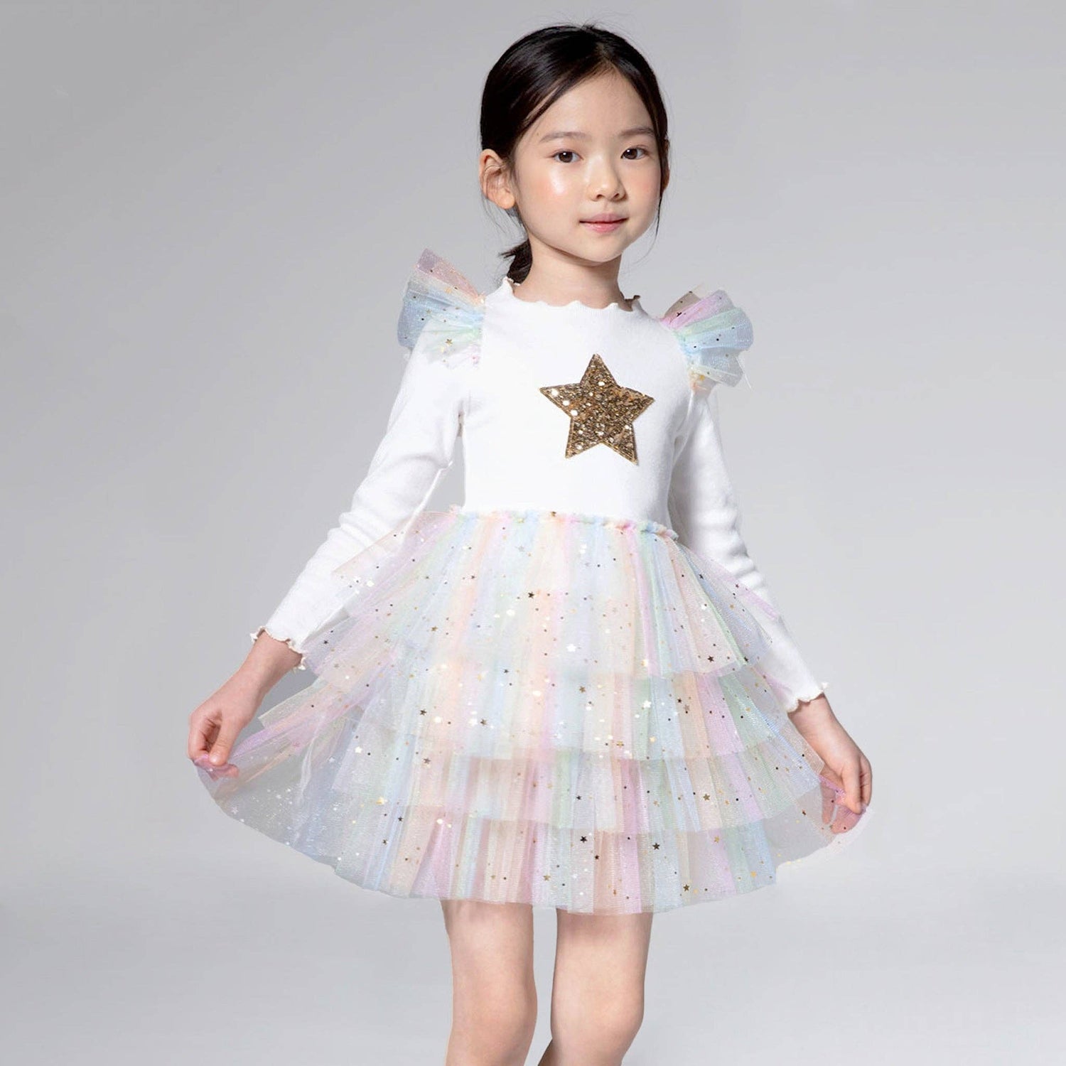Petite Hailey - Frill Layered Tutu Dress - White Multi with Golden Stars Petite Hailey