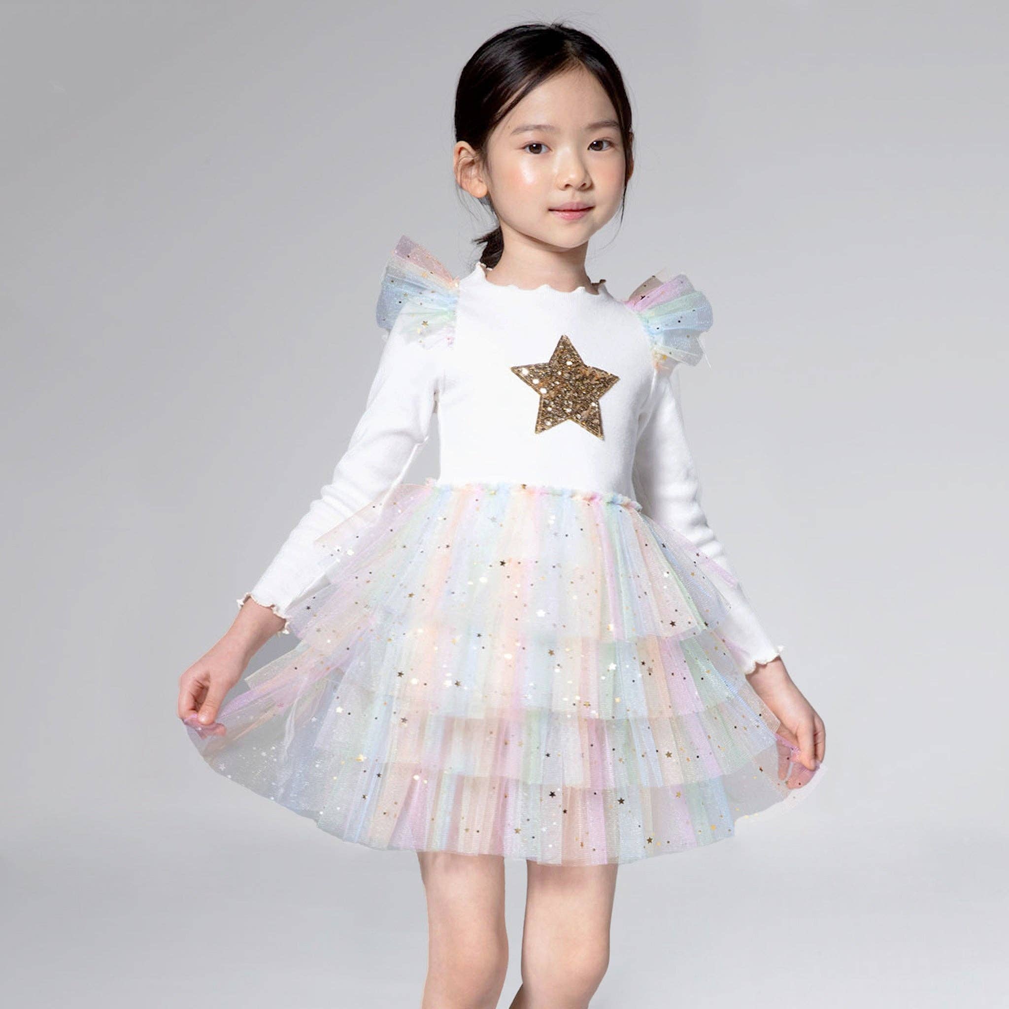 Petite Hailey - Frill Layered Tutu Dress - White Multi with Golden Stars Petite Hailey