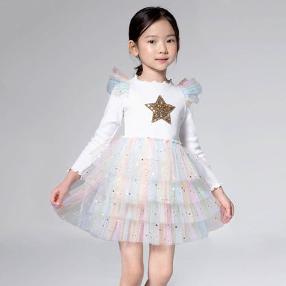 Petite Hailey - Frill Layered Tutu Dress - White Multi with Golden Stars Petite Hailey